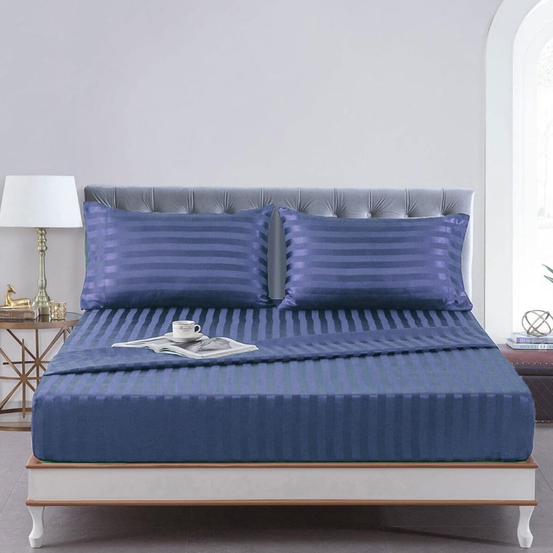 Cotton Sateen Stripe Fitted Sheet 3 Pcs Navy Blue
