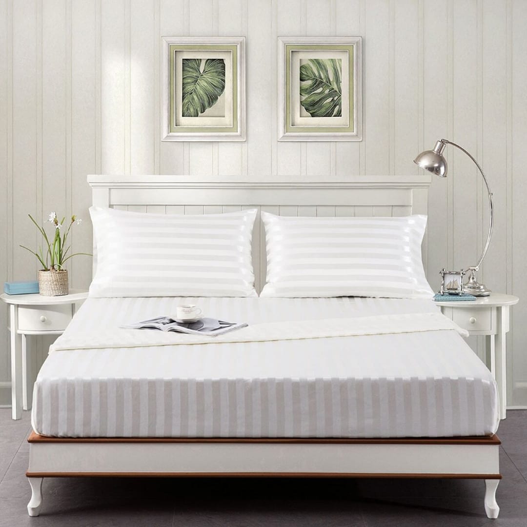 Cotton Sateen Stripe Fitted Sheet 3 Pcs White