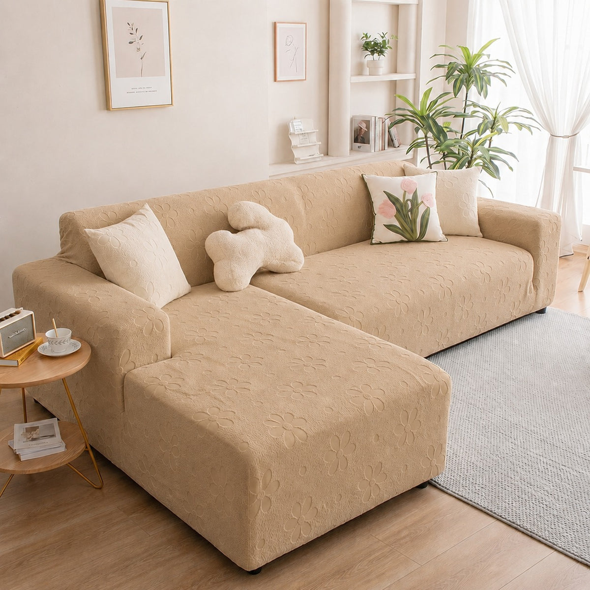 L Shape Flora Jacquard Sofa Cover - Desert Sand