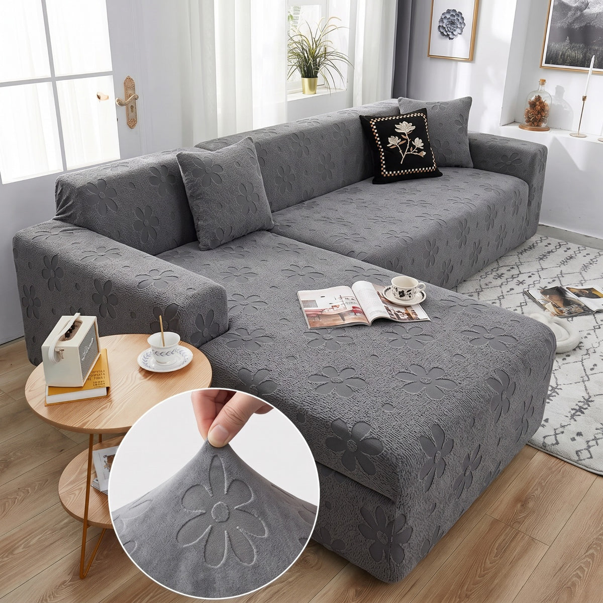 L Shape Flora Jacquard Sofa Cover - Grey