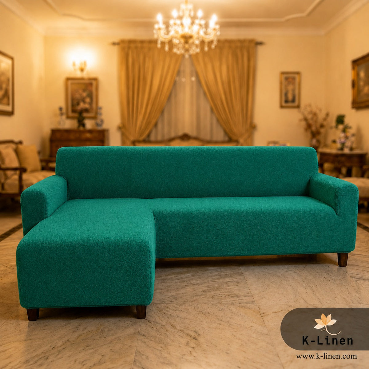 Premium L Shape Velvet Terry Sofa Cover Emerald Green