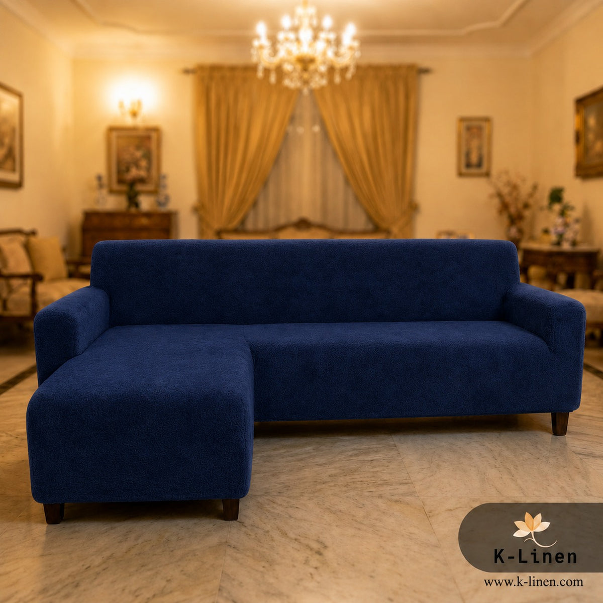 PremiumL Shape Velvet Terry Sofa Cover Navy Blue