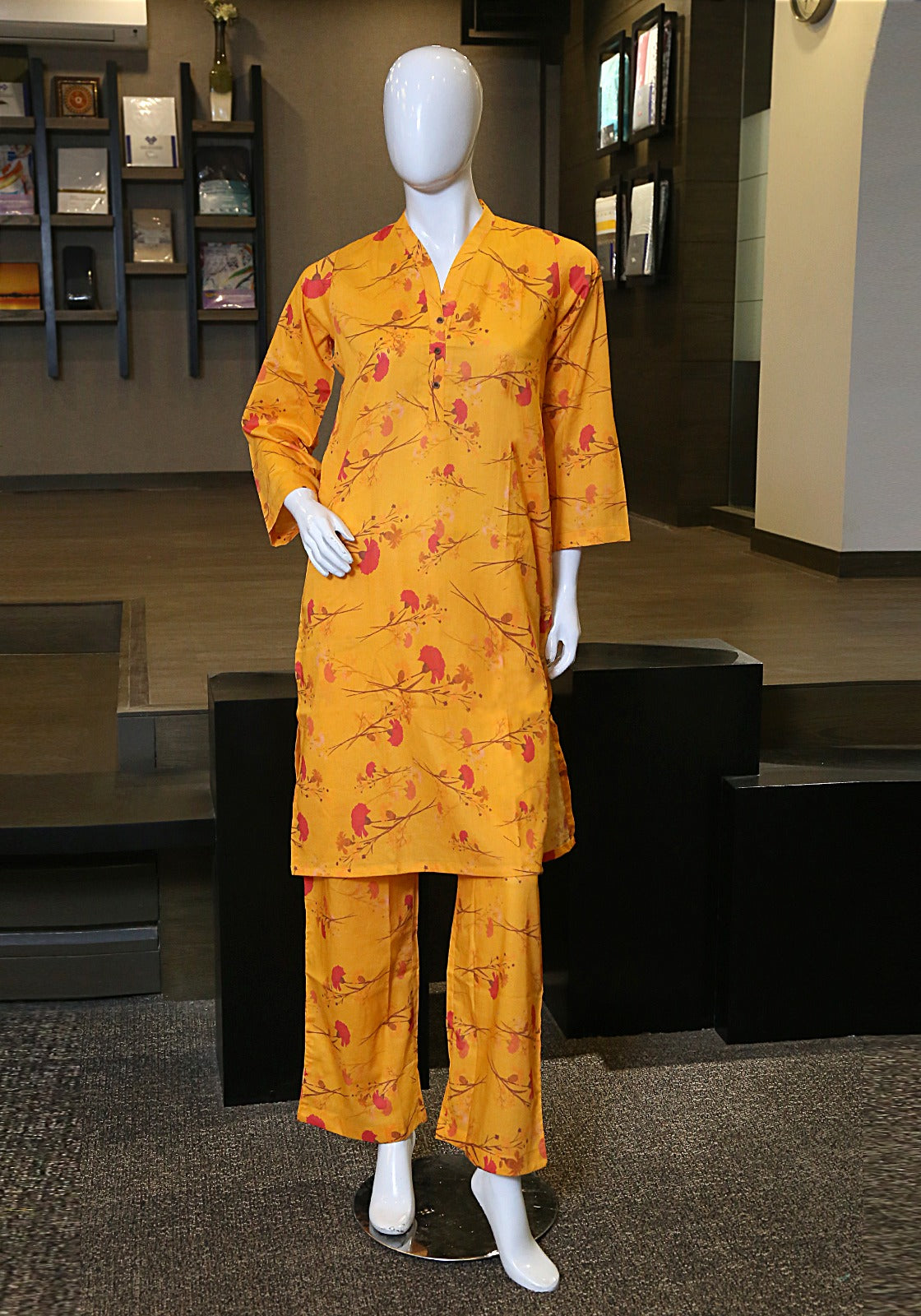 2 piece printed lawn suit canary suit.