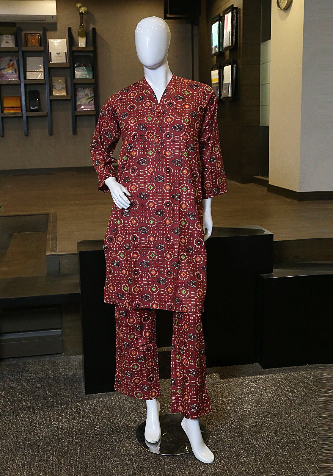 2 piece printed lawn suit mahogany suit.