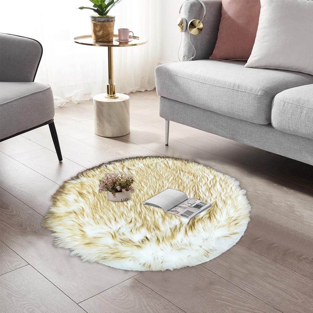 round shape furry rug 60cm golden white