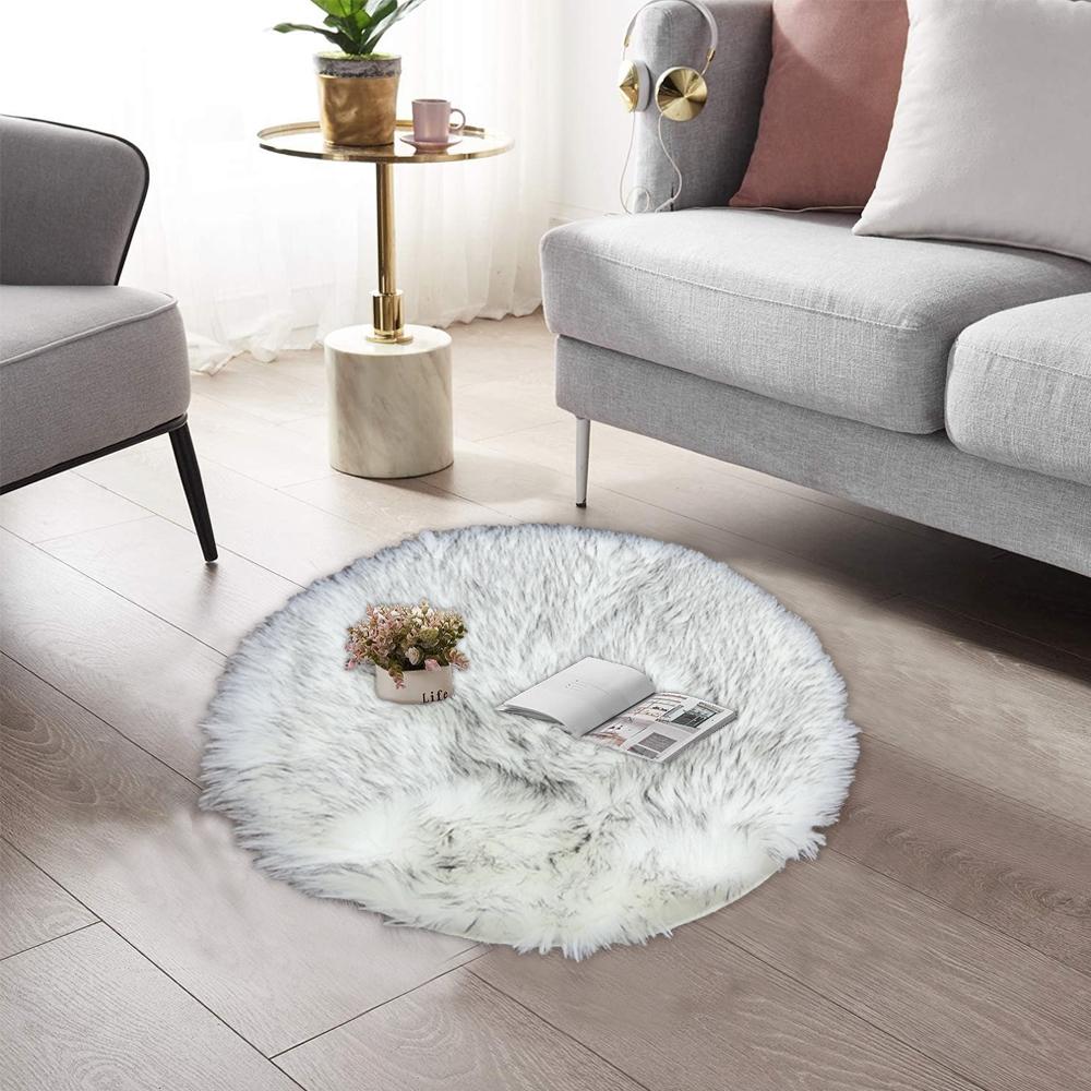 round shape furry rug 60cm white grey