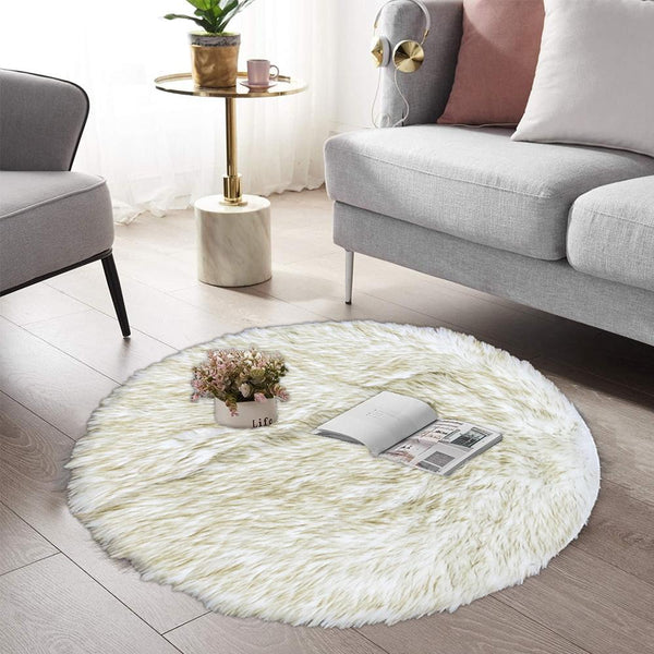 Round Shape Furry Rug (90CM)- White yellow