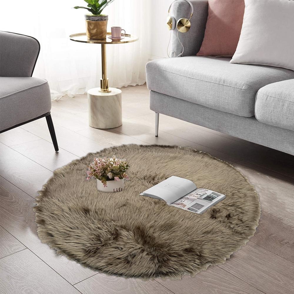 round shape furry rug 90cm brown
