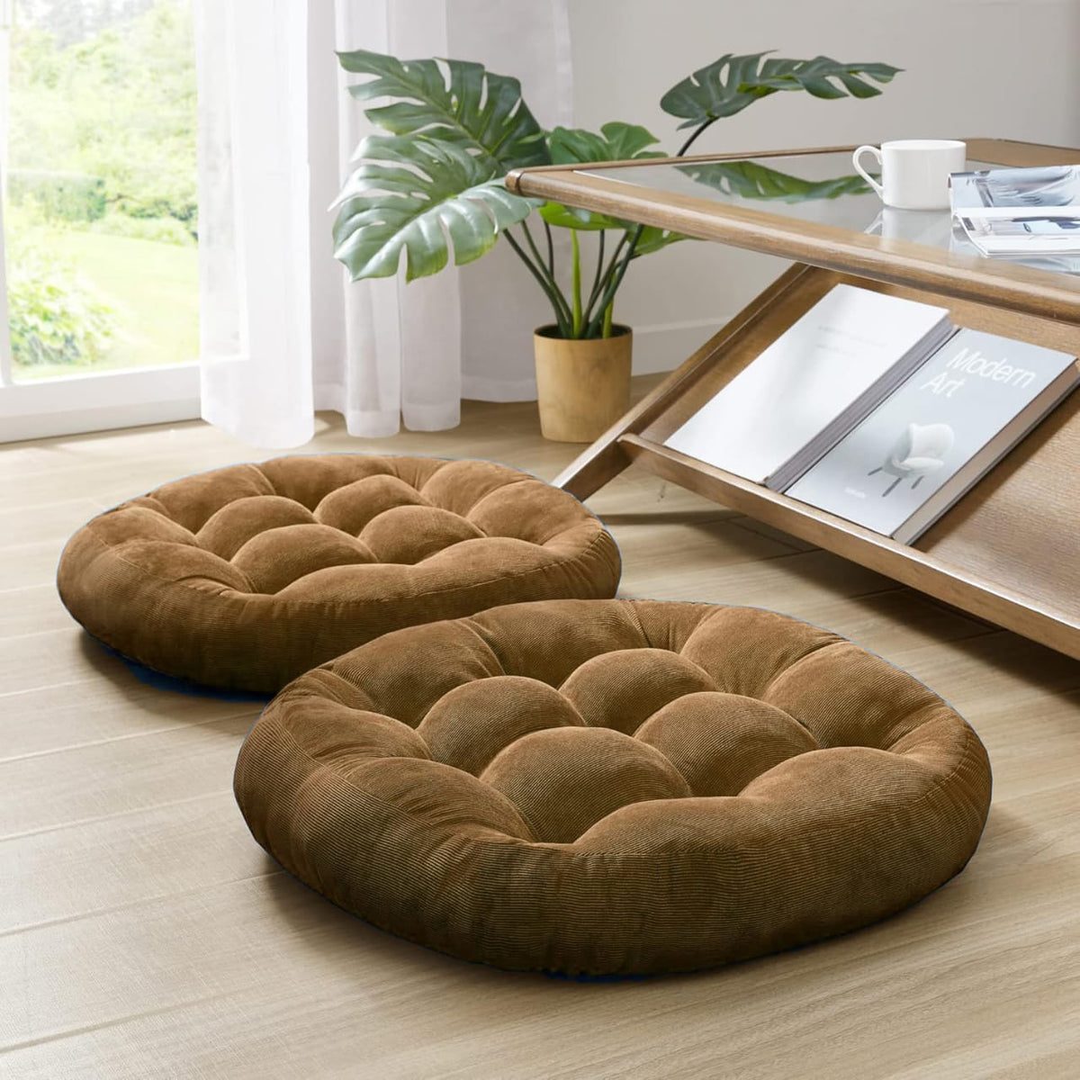 round shape velvet floor cushions pack of 2 brown