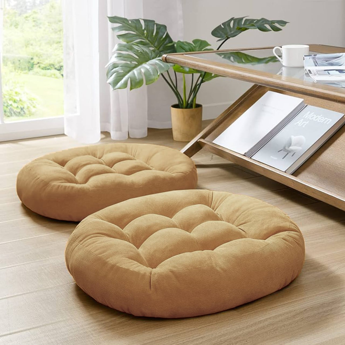 round shape velvet floor cushions pack of 2 camel brown