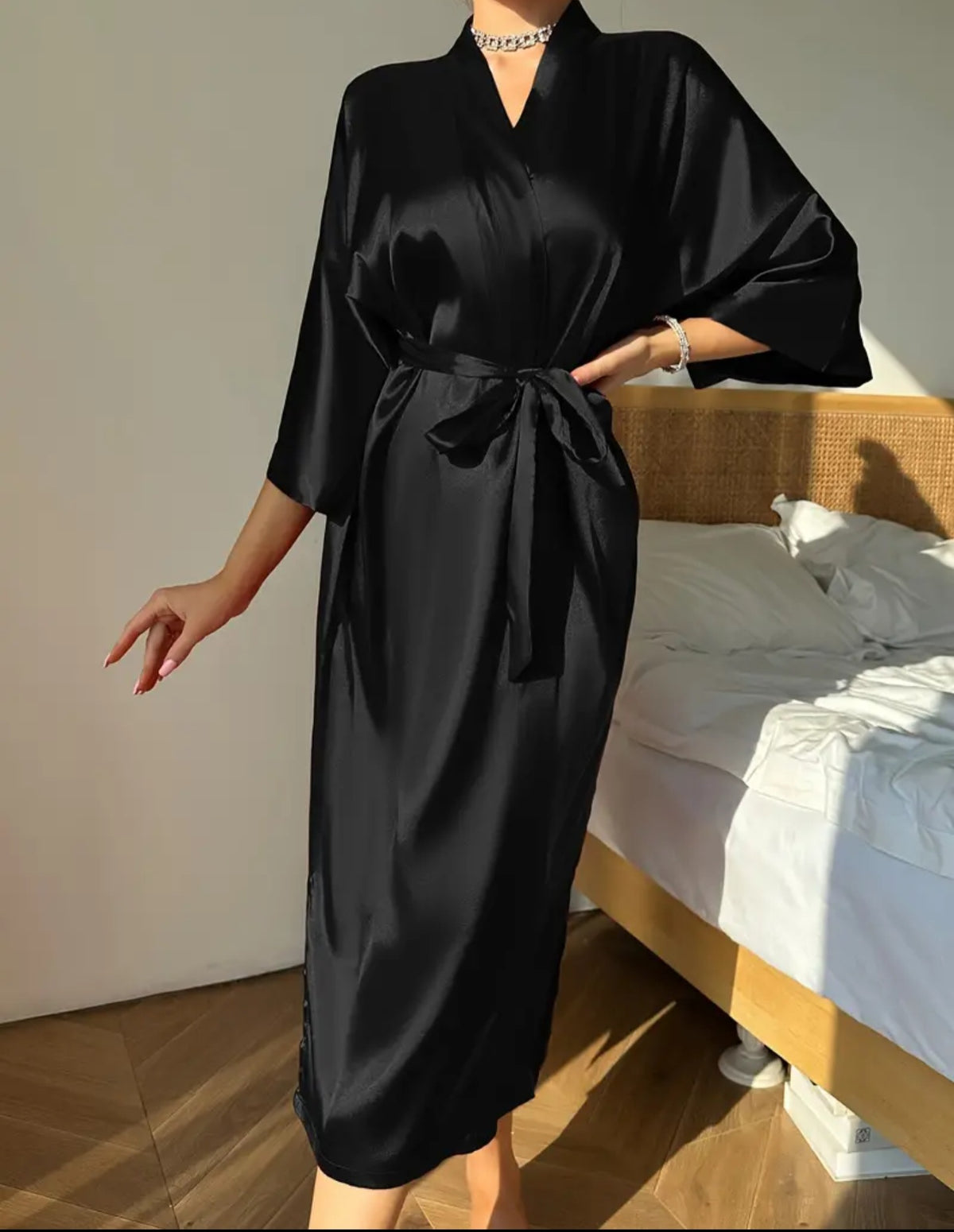 silk satin robe black