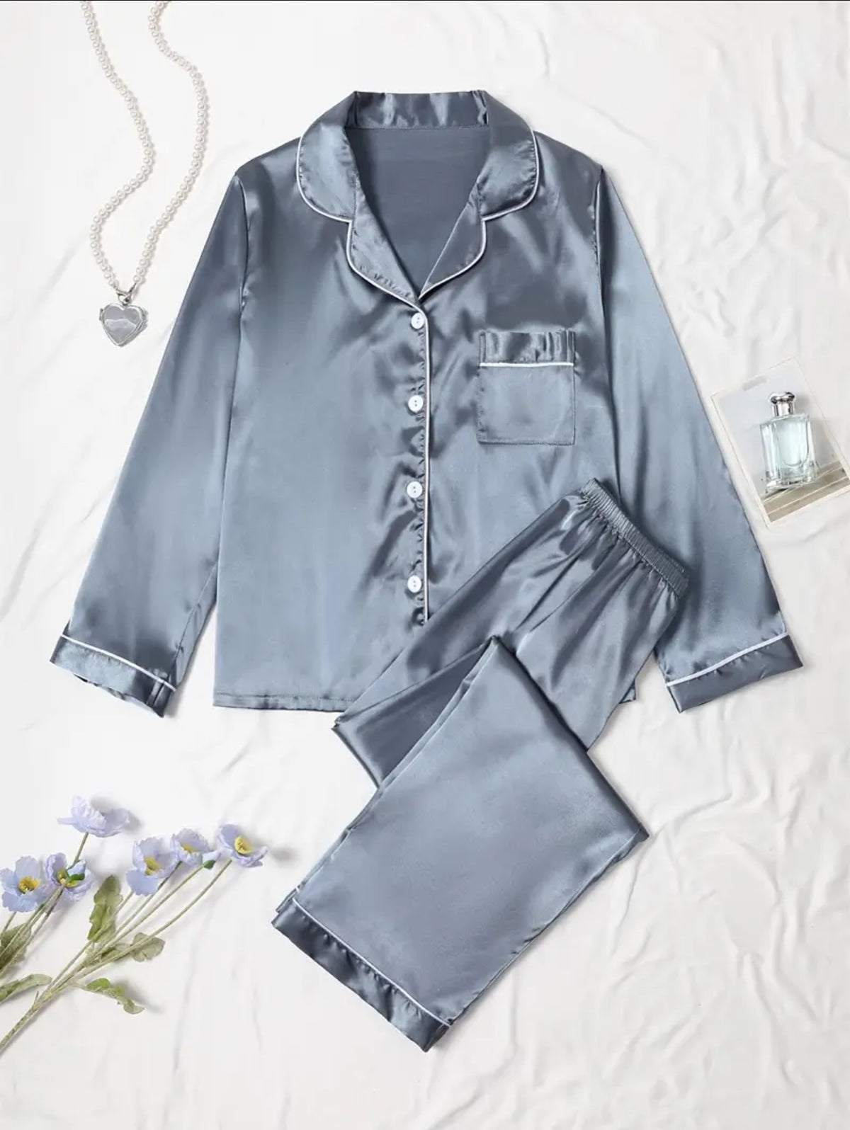 Silk Loungewear Suit Silver Grey