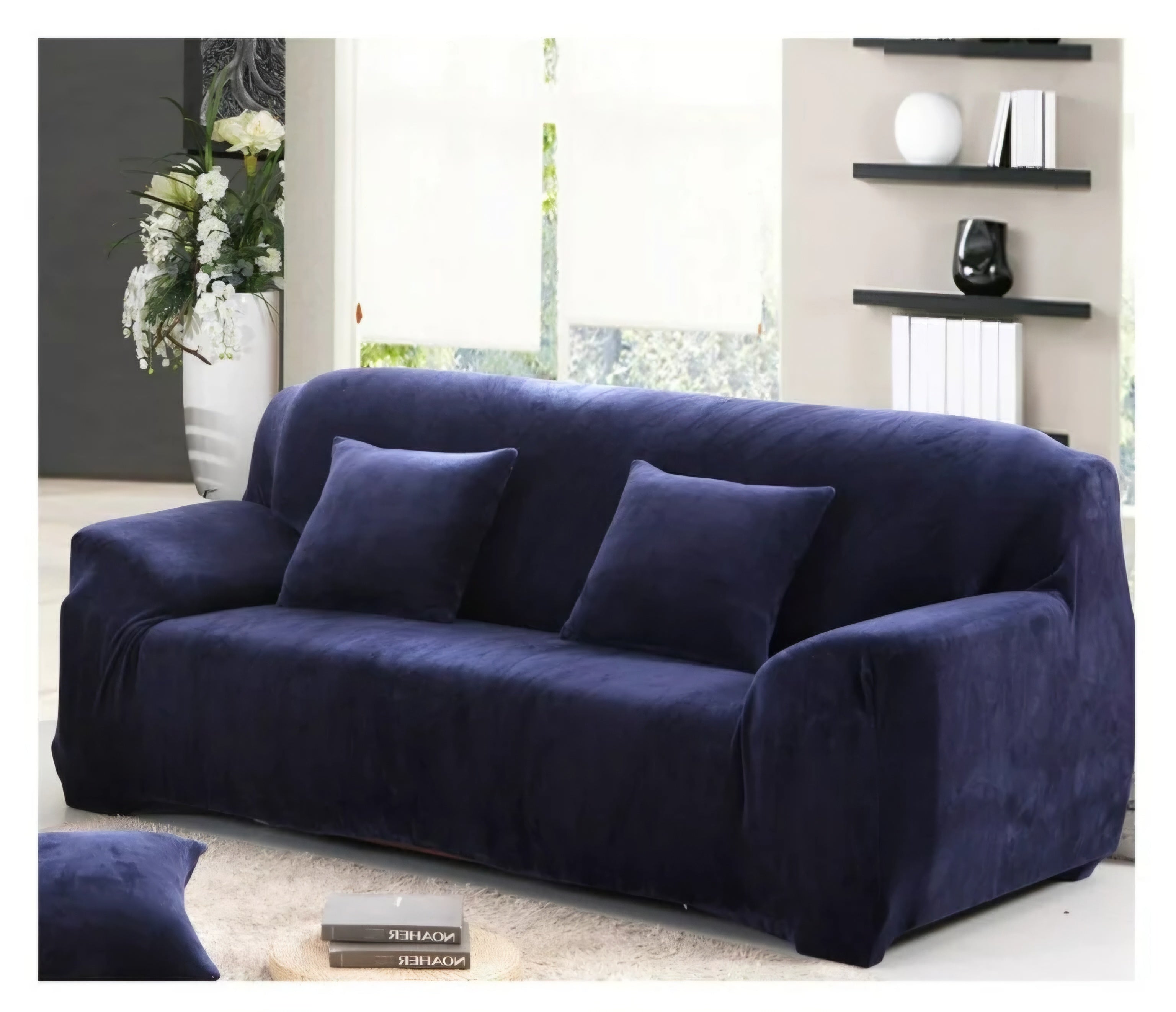 L Shape Velvet Plush Sofa Cover - Navy Blue