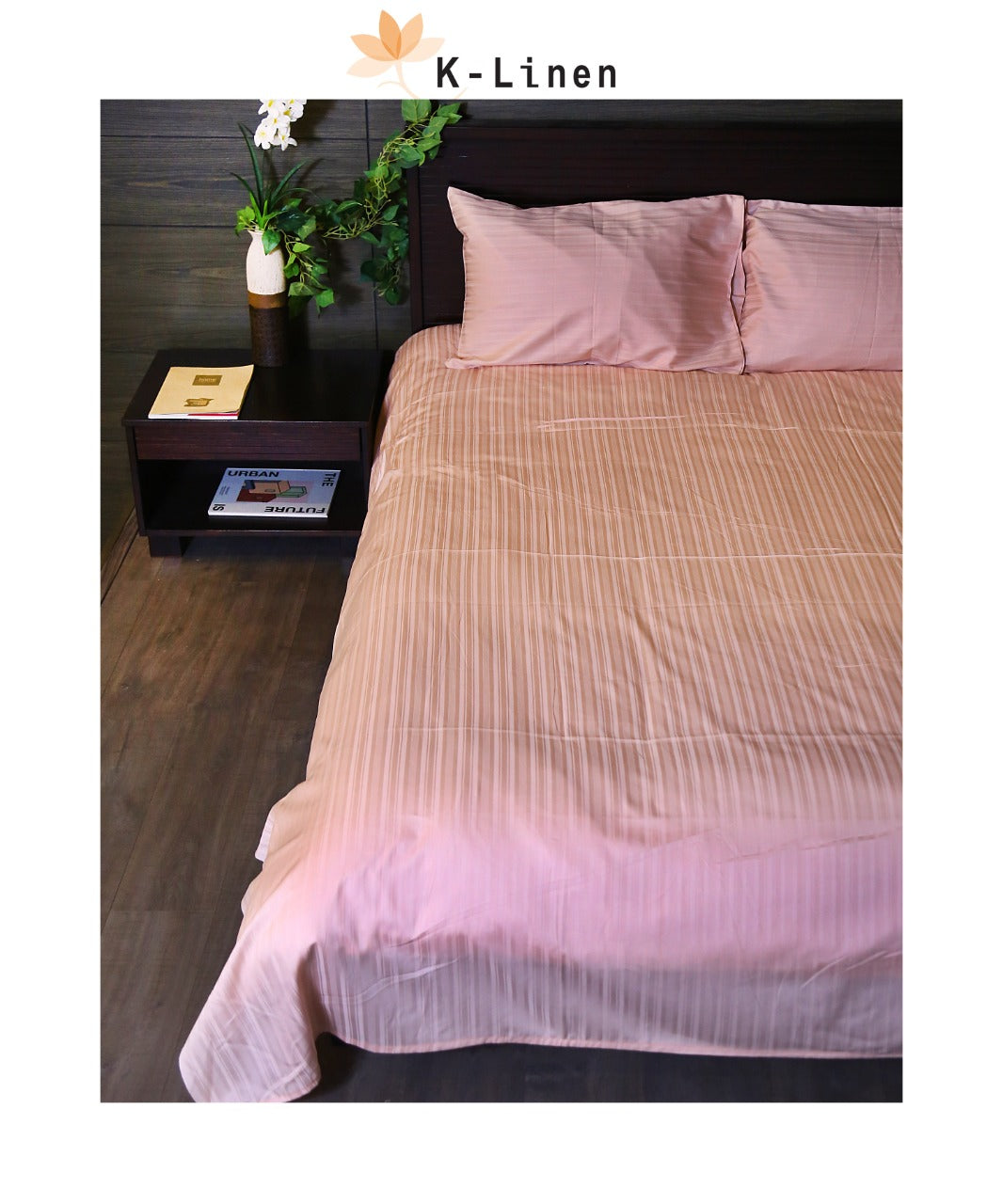 Cotton Satin Stripe Bed Sheet Set-Pink