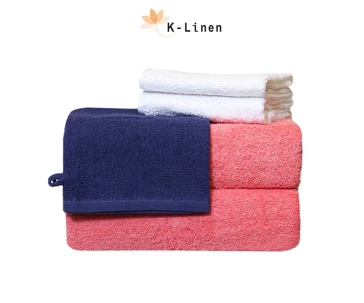towel set 6 pcs pink blue white towel.