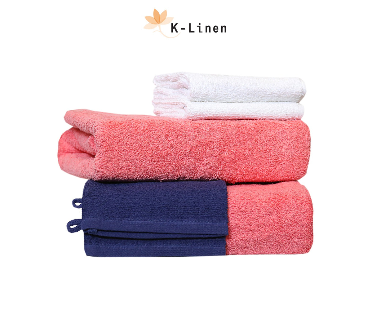 towel set 6 pcs pink blue white towel.