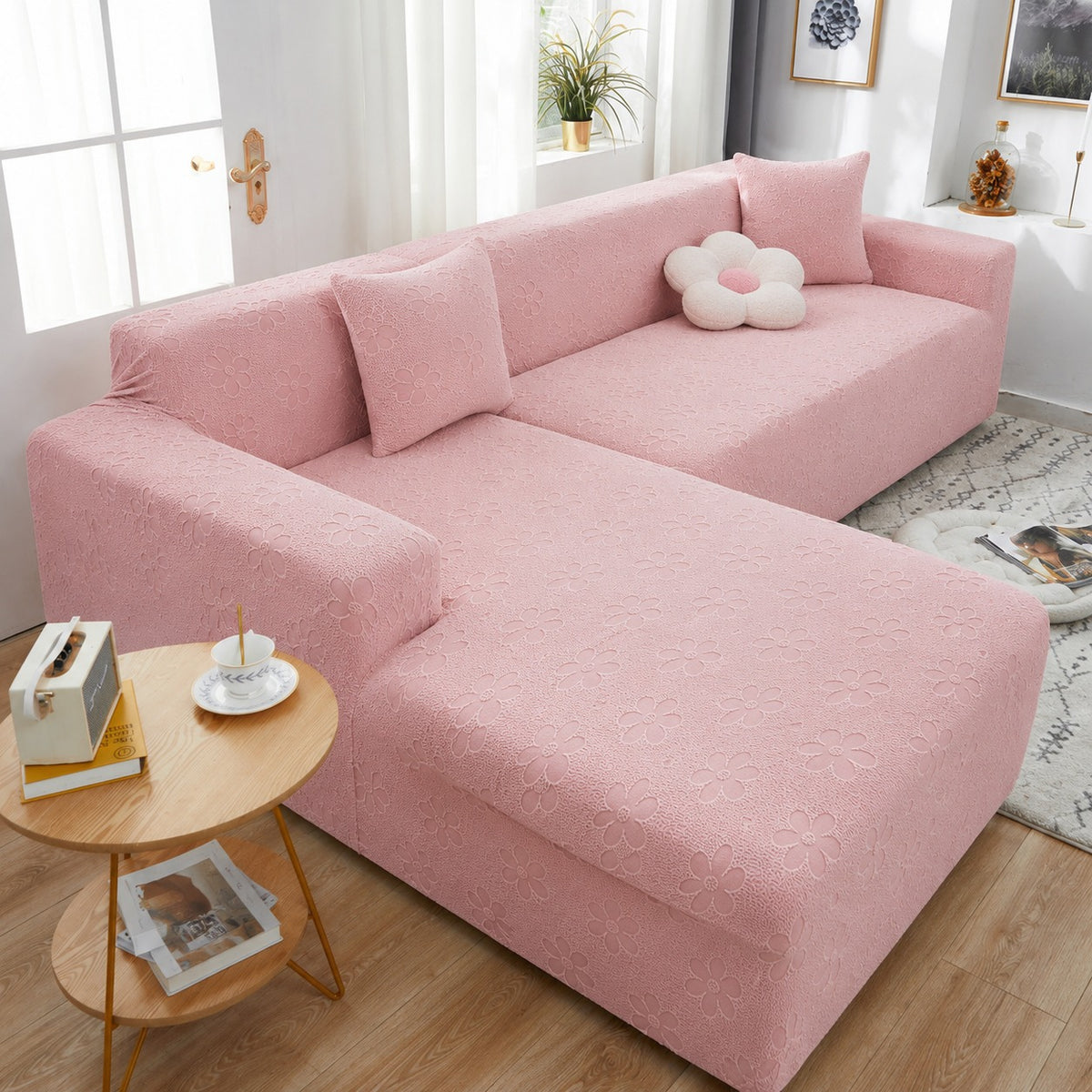 L Shape Flora Jacquard Sofa Cover - Pink