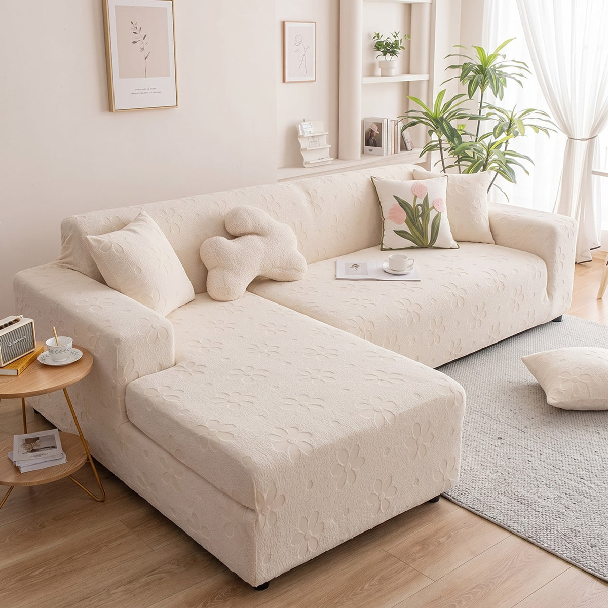 L Shape Flora Jacquard Sofa Cover - Beige