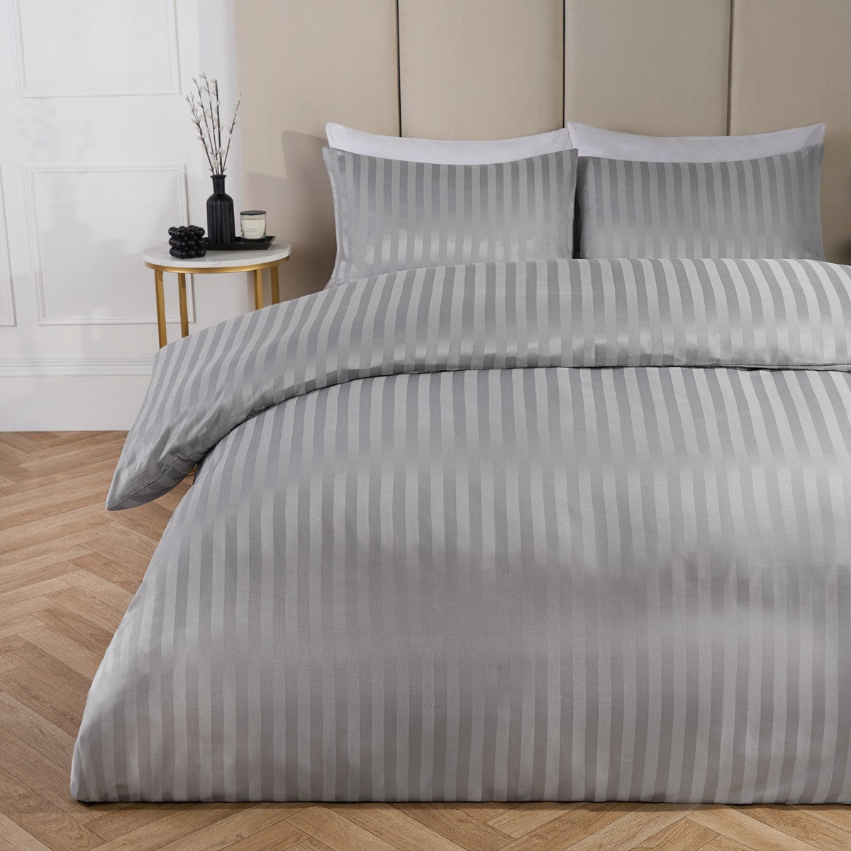 Grey Satin Stripe Bed Sheet Set