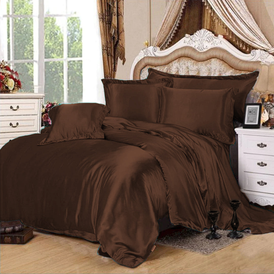 4 pcs satin silk bed set brown