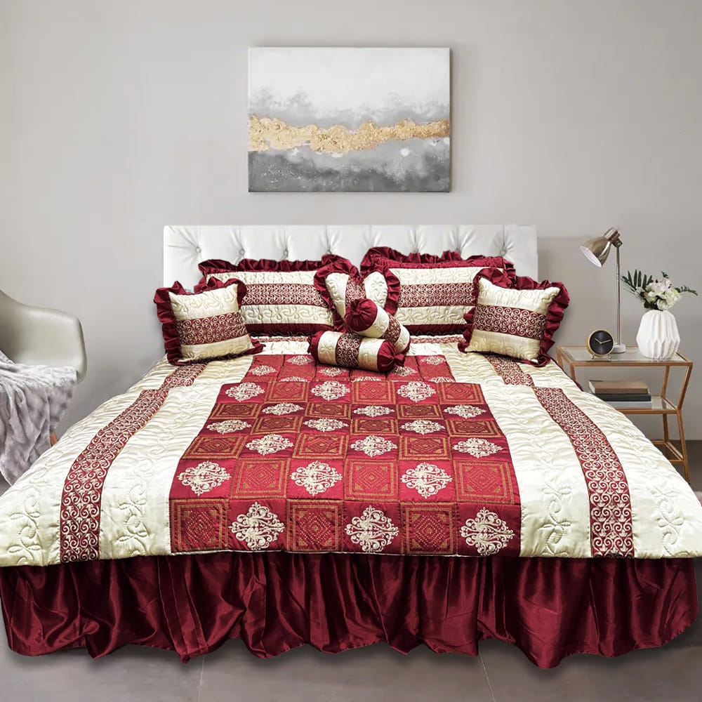 Maroon beige bridal bedding