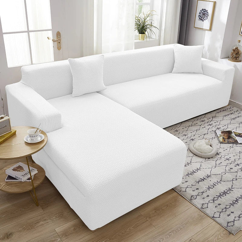 Stripe Jacquard L Shape Sofa Cover - White