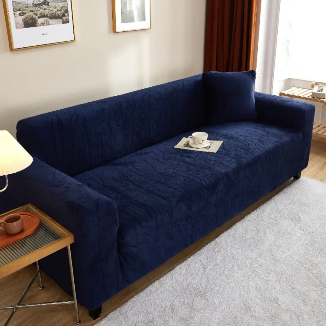 Modern Velvet Plush Sofa Cover - Navy Blue