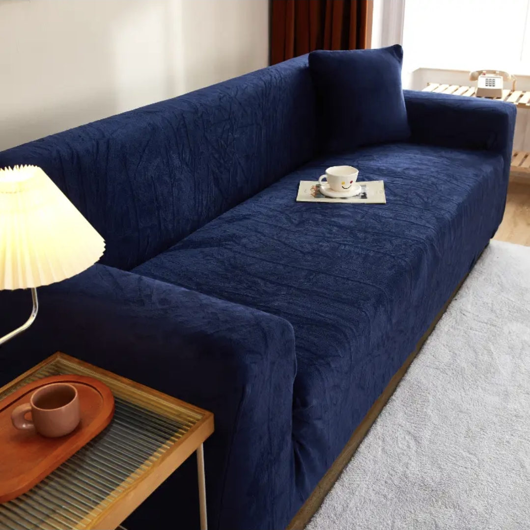 Modern Velvet Plush Sofa Cover - Navy Blue