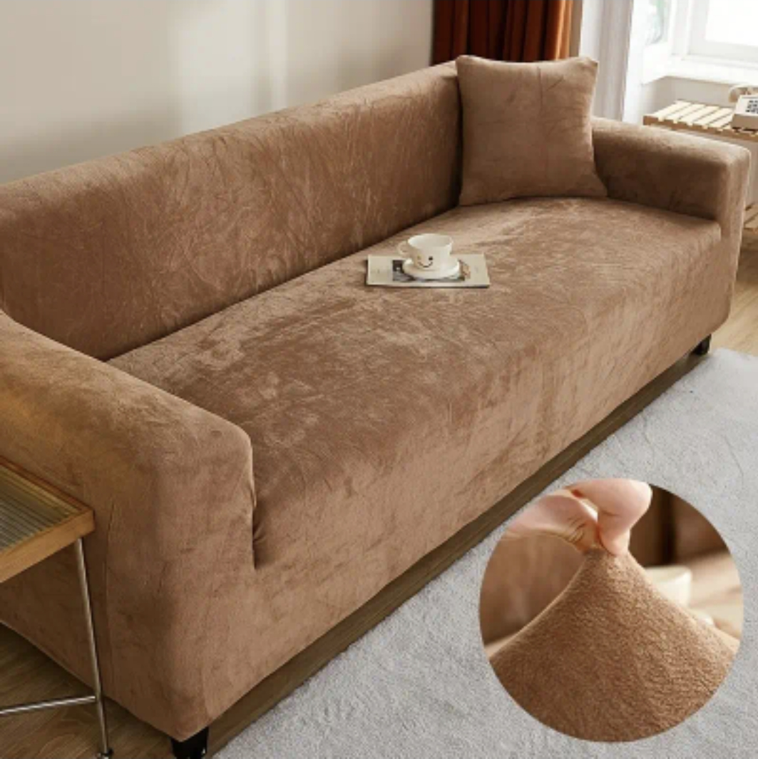 Modern Velvet Plush Sofa Cover - Camel Brown