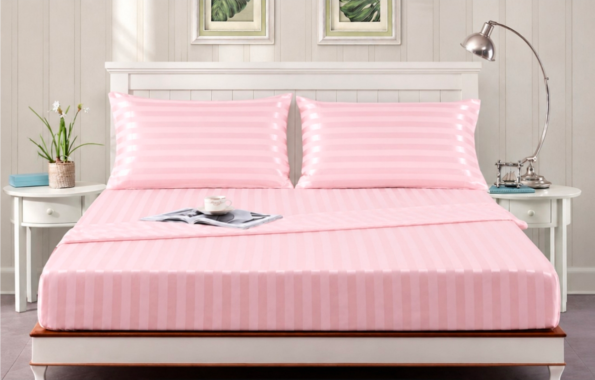 Cotton Sateen Stripe Fitted Sheet 3 Pcs - Pink