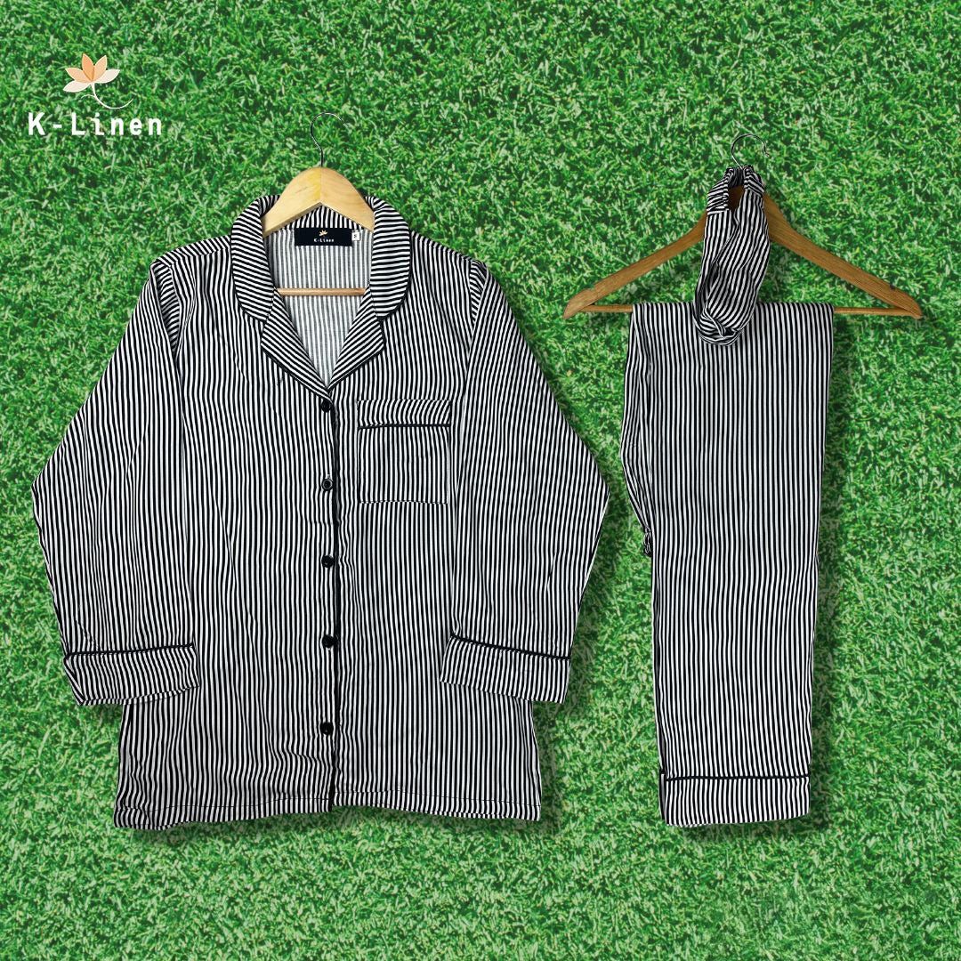 women silk loungewear suite black strip suit.