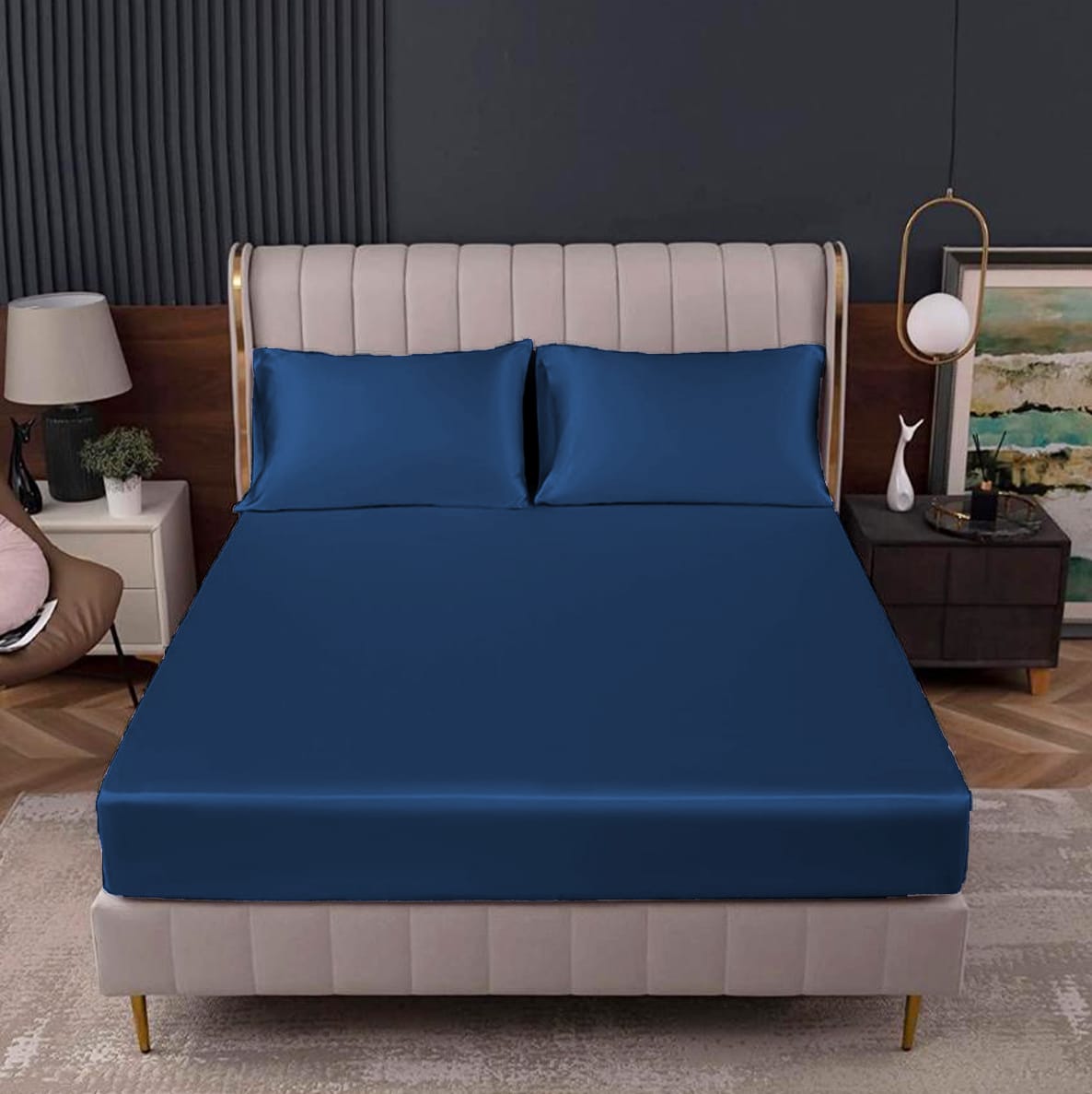 satin silk fitted sheet navy blue